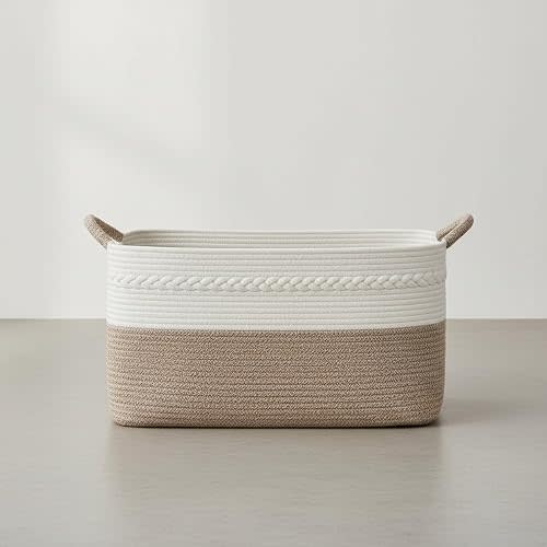 Large laundry basket woven from natural cotton rope with handles storage blankets for living rome big decorative quilted baskets for clothes toys pillows hamper 22"x14.6"x12" white/brown