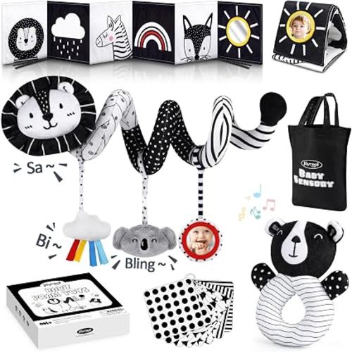 Joyreal High Contrast Baby Toys for Newborn, Black and White Baby Sensory Toys with Car Seat Toys,Infant Toys with Black White Cards Book, Montessori Toys for Baby Gifts