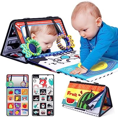 issray Tummy Time Baby Mirror Newborn Toys 0 3 Months Brain Development Infant Toys with Crinkle Cloth Book Black and White High Contrast Baby Toys 4 6 9 12 Month Boys Girls Crawling Sensory Toy