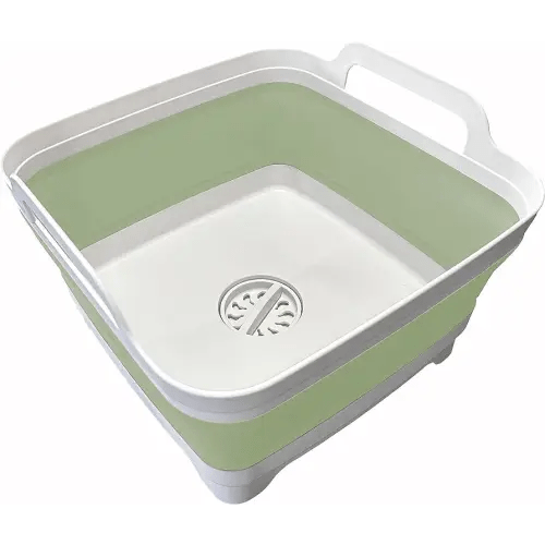 9L (2.4Gal) Dish Basin Collapsible with Drain Plug , Space Saveing Kitchen Storage Tray Dish Wash Basin, Portable Dish Tub, Foldable Dishpan for Camping ,RV,Green