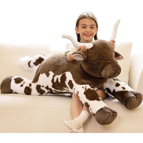 Tezituor 43.3 Giant Longhorn Cow Stuffed Animal, Hugging Fluffy Stuffed Cow Plush Body Pillow, Realistic Large Texas Longhorn Bull Farm Plush Toy for Boys Girls