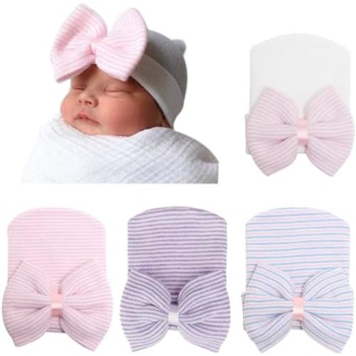 AQOKKA Newborn Baby Girl Hats with Bow No Scratch Cotton Toddler Infant Hat Beanie Caps Soft Newborn Hospital Hat 0-3 Months