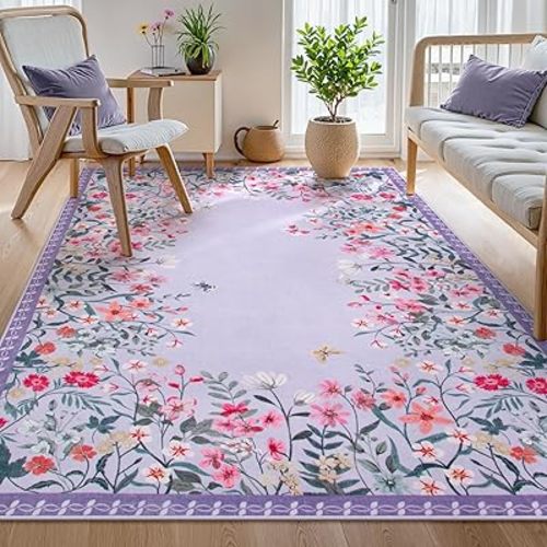 Wonnitar Washable Rug, 5x7 Purple Rugs for Living Room, Floral Print Non-Slip Pink Area Rugs for Bedroom Girls, Soft Large Throw Carpet for Kids Nursery Room (Purple,5'x7')