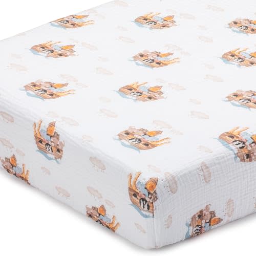 LollyBanks Fitted Crib Sheet 1 Pack, 100% Cotton Muslin Crib Sheets, Soft and Breathable Neutral Baby Bed Sheets for Standard 52 x 28 Inches Mattress, Baby Bedding Essentials (Noah's Ark Print)