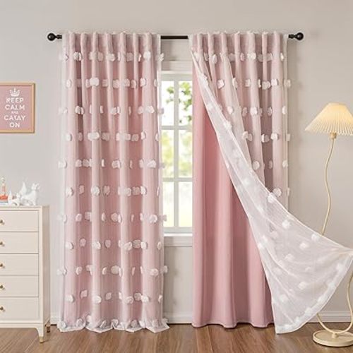 MYSKY HOME Pink Curtains for Girls Room 84 Inches Long Nursery Curtains Girl for Kids Room Double Layer White Pom Pom Sheer Living Room Darkening Window Drapes Back Tab, W52 X L84, 2 Pieces