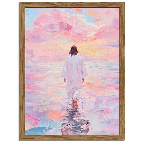 Pink Jesus Walking On Water Wall Art, Frame 3D Textured Hand Drawn Sandstone Christian Wall Decor Paintings Religious Savior Pictures for Living Prayer Room Bedroom, 12x16 in Wood Framed