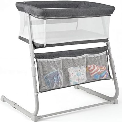 Cowiewie Bassinet Bedside Sleeper,Baby Bassinet Slides Over Bed,5-Height Adjustment & Breathable All-Mesh Wall Bedside Bassinet for Baby,Space-Saving Bedside Crib, Height(37.4-41.3"), Dark Grey