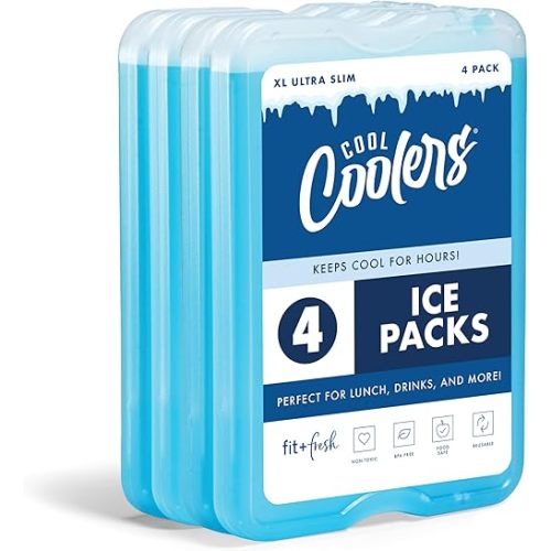 Cool Coolers by Fit & Fresh 4 Pack XL Slim Ice Packs, Quick Freeze Space Saving Reusable Ice Packs for Lunch Boxes or Coolers