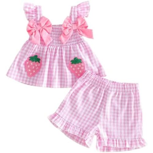 Mubineo Toddler Baby Girl Summer Clothes Cute Ruffle Shirt Tops Dress Shorts Outfits Set Fruit Blouse Princess Outfit