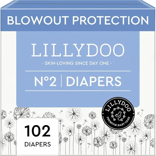 LILLYDOO Baby Diapers - Size 2 (9-18 lbs), Half-Monthly Supply (102 Count), Leak Protection, Skin-Friendly, Ultrasoft, Perfume- & Chlorine-Free, Hypoallergenic, Dermatologist Tested, Oeko-TEX®
