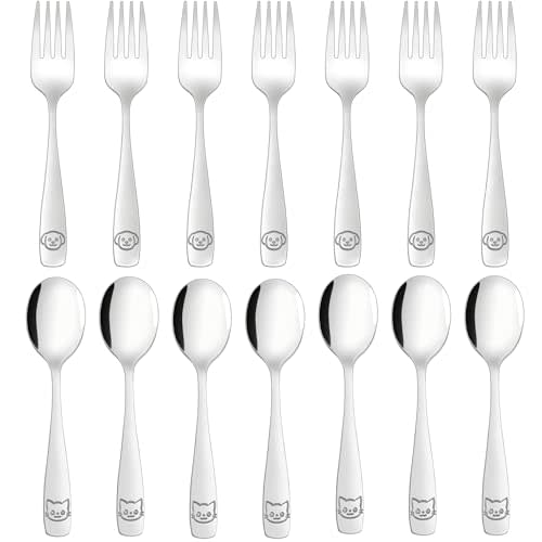 LOCONHA Stainless Steel Toddler Utensils Set - 14 Pcs Kids Silverware, Safe Food Grade, Mirror Polished, Dishwasher Safe, Perfect for Little Hands, Trendy & Durable. ﻿
