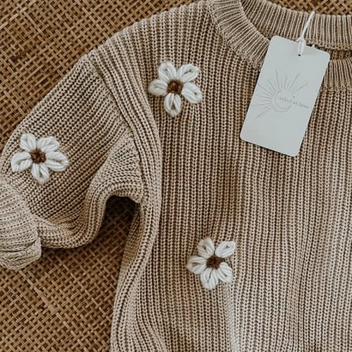 Daisy Sweater // Hand Embroidered Sweater // Girls Chunky Knit Flower Sweater