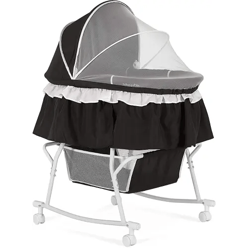 Dream On Me Lacy Portable 2-in-1 Bassinet & Cradle in Black, Lightweight Baby Bassinet with Storage Basket, Adjustable and Removable Canopy