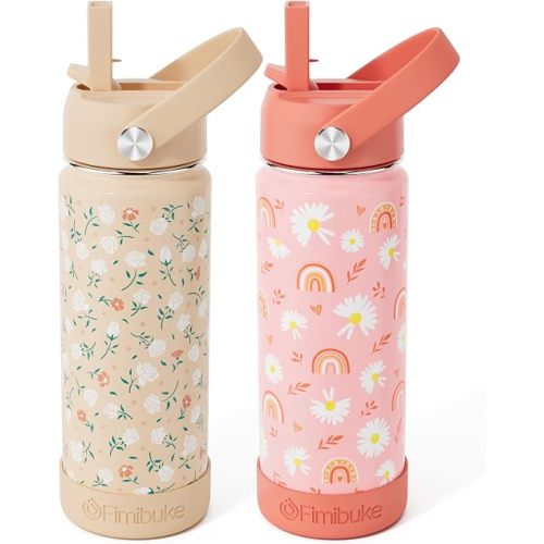 Fimibuke Kids Insulated Water Bottle, 18oz BPA FREE Kids Cup with Straw Double Wall Vacuum Travel Tumbler 18/8 Stainless Steel Leak Proof Toddler Water Bottle for School Boys Girls, 2 Pack