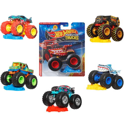 Hot Wheels Monster Trucks, 1:64 scale die-cast trucks with crushable cars, giant tires, and stunt features