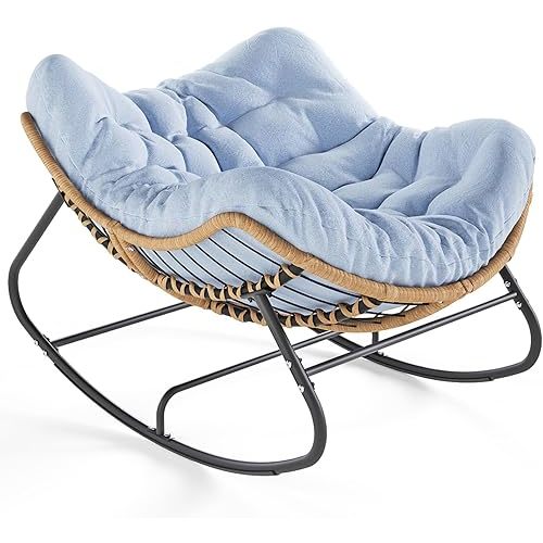 SWITTE Outdoor Rocking Chair, Oversized Patio Papasan Rocker, Comfy Wicker Reading Lounge, Indoor Egg Chair for Bedroom, Living Room, Porch, Garden, Lawn-Light Blue