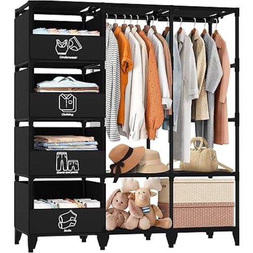 Portable Closet, Easy Assembly, Large Capacity Wardrobe Closet, Sturdy and Stable Clothes Rack with Shelves 4 Storage Baskets and 2 Hanging Rods, for Bedroom and Cloakroom Black