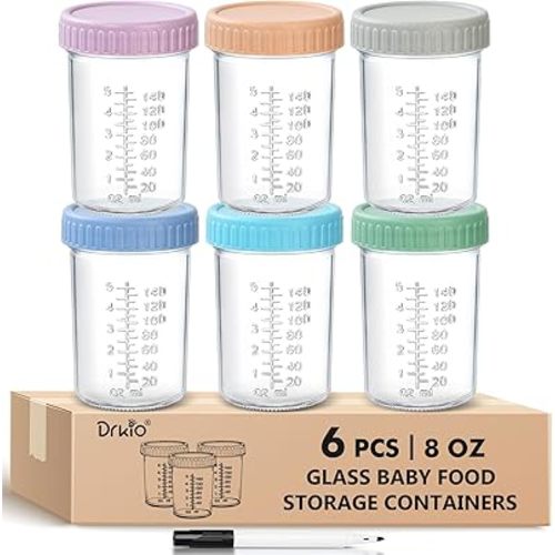 DRKIO 6 Pack Glass Baby Food Storage Containers - 8 Oz Baby Food Jars with Lids Baby Food Maker Microwave Dishwasher Freezer Safe 100% Leak Proof BPA Free Reusable