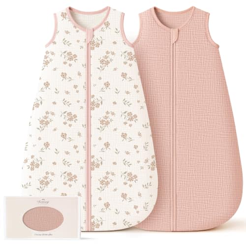 Konssy Muslin Baby Sleep Sack 0-6 Months, 0.8 TOG Baby Wearable Blanket | 2 Pack, Two-Way Zipper, 100% Cotton, Soft & Breathable Sleeping Sack, Infants and Toddlers Nursery Essentials (Blossom,Pink)