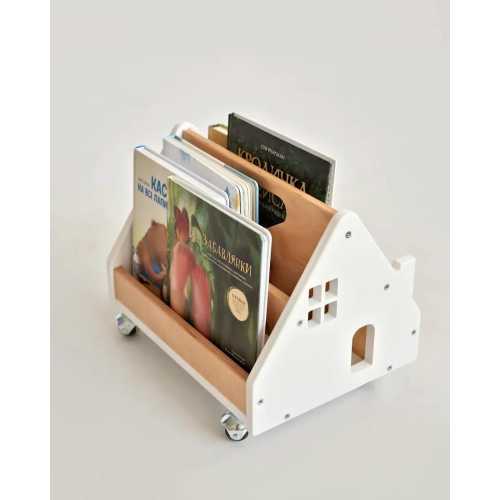 Wooden House Bookshelf for Kids, Montessori Mobile Toddler Organizer Shelf