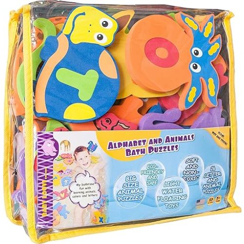 Foam Bath Toys Letters - Set of 52 Pcs - Non-Toxic Bathtub ABC Alphabet for Kids Toddlers - Original Premium Educational Floating Animals Puzzles for Baby Boys Girls