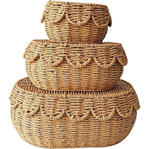 Scalloped Basket with Lid 3PCS 3 Sizes Wicker Baskets with Lid Hand Woven Natural Storage Baskets for Bathroom Nursery