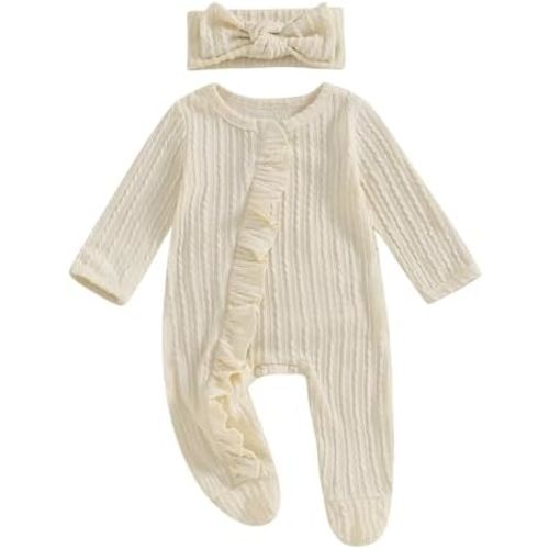 Newborn Baby Girl Fall Winter Outfits Clothes Knit Jumpsuit Ruffle Romper Newborn Coming Home Outfit for Baby Girl