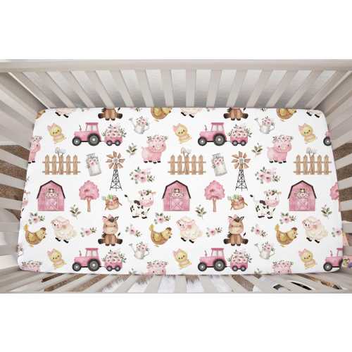 Girl Farm Crib Sheet, Pink Farm Crib Bedding, Floral Farm Fitted Crib Sheet, Floral Farm Nursery, Tractor Cow Horse Crib Sheet Pig - 11B