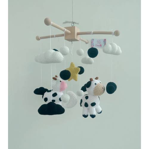 crochet cow, Cows in babymobile farm, handmade bull cart | children's cart | babymobile trees and clouds| minimalist
