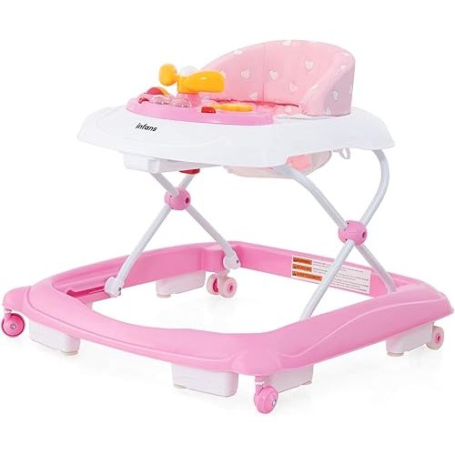 INFANS Foldable Baby Walker, 3 in 1 Toddler Walker Leaning-Seated Walk-Behind with Removable Music Tray, Adjustable Height, Washable Seat Cushion for Boys and Girls (Heart)
