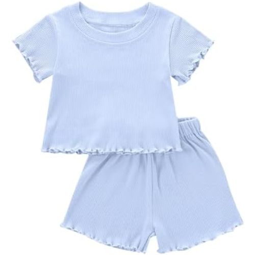 Toddler Baby Girl Summer Clothes Ribbed Knit Cotton Cute Summer Outfits Short Sleeves 2 Pieces Shorts Set 12M - 5T