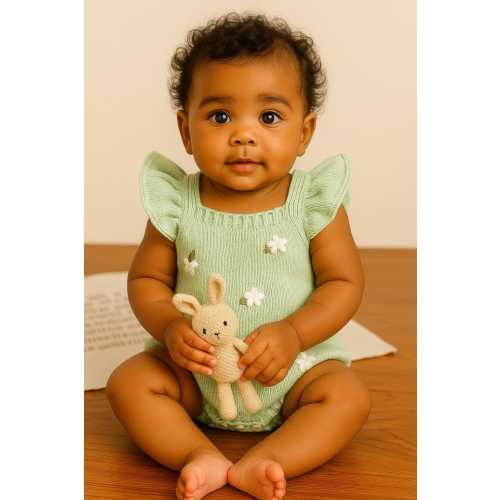 Flower Embroidered Knit Bodysuit: Baby Girl Mint Green Outfit