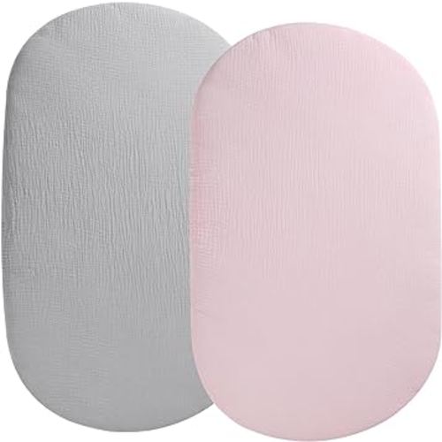 Muslin Bassinet Sheet Compatible with UPPAbaby Bassinet, 2 Pack Cotton Stylish Boho Fitted Bassinet Sheets for Baby Grey & Pink