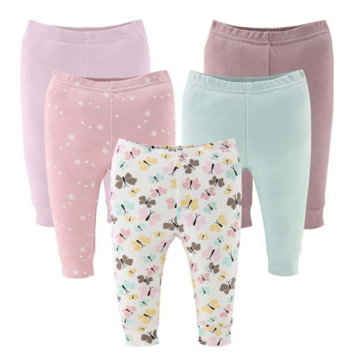 The Peanutshell Baby Girl Pants, Cotton Pull On Pants for 9-12 Months Old, Butterfly Kisses, 5-Pack
