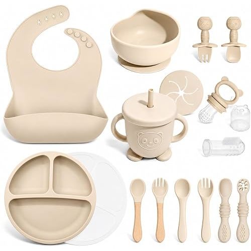 Catvegue Silicone Baby Feeding Utensils Set for 6+ Months, 17 Pcs, Beige