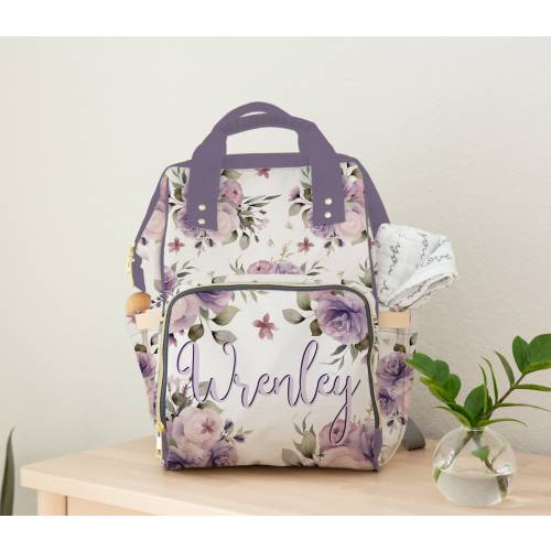 Personalized Floral Diaper Bag Backpack: Purple Baby Girl Gift