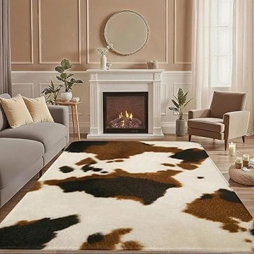 Brown Cowhide 5x7 Area Rug,Western Animal Cow Print Washable Carpet Non Slip Mat Low Pile Large Rugs for Living Room,Bedroom,Farmhouse,Dining Room,Kids Playroom,Kitchen Indoor