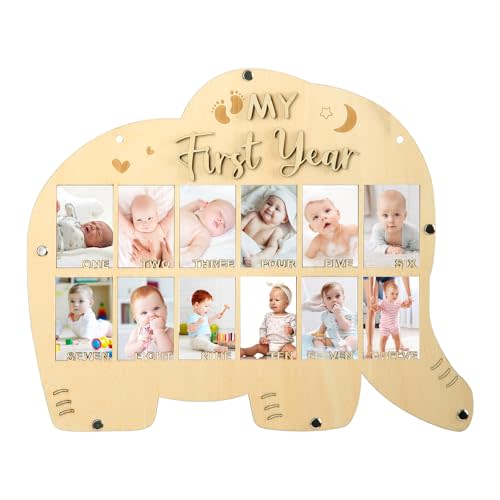 My First Year Picture Frame,One Year Of Photo Board, Baby's First Twelve Months Photo Collage and Gender Neutral Keepsake, Ideal for Baby Shower,New Mom Keepsake Gift and Nursery Decor - With Stand (Elephant sign)