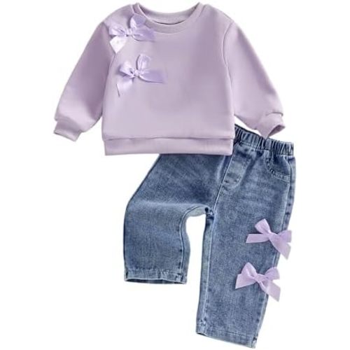 GeogenryToddler baby Girls 2pcs Clothes Cute Bow Sweatshirt Outfits Long Sleeve Crew Neck Tops Elastic Waist Jeans Spring Set