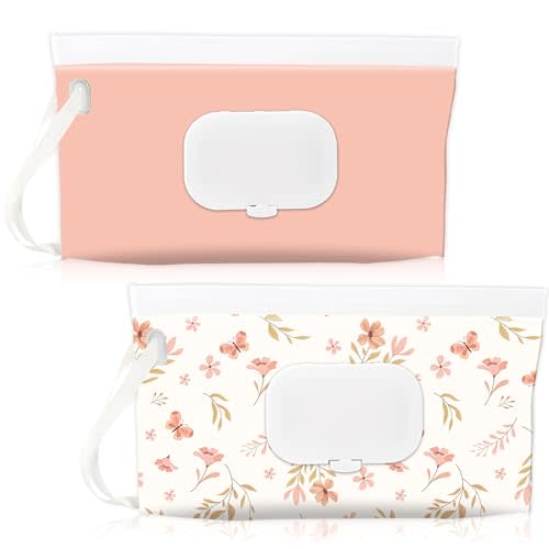 FEBSNOW 2 Pack Baby Wipes Dispenser Holder, Portable Refillable Baby Wet Wipes Pouch Container Reusable Travel Case for Outdoor Hiking, Pink Flower