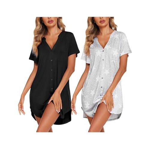 Ekouaer 2 Pack Nightgowns for Women Button Down Sleep Shirts V Neck Night Shirts Night Gowns