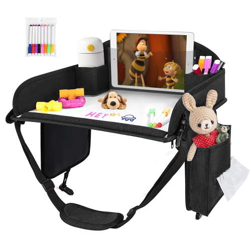 Kids Travel Tray, Play Tray For Kids Car Seat, Toddler Road Trip Essentials, Drawing Lap Tray With Storage Space for Airplane, Multifunctional Activity Tray Road Trip Must Haves For Kids (Black)