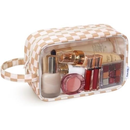 Narwey Clear Makeup Bag Cosmetic Bag with Zipper for Travel, Clear Toiletry Bags for Traveling Toiletries Women Men, Make Up Pouch Organizer with Handle, Skincare Bag (Light Checkerboard)