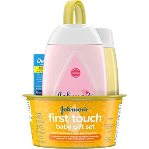 Johnson's First Touch Baby Gift Set, Baby Bath, Skin, & Hair Essential Products, Kit for New Parents with Wash, Shampoo, Lotion, & Diaper Rash Cream, Hypoallergenic & Paraben-Free, 5 Items