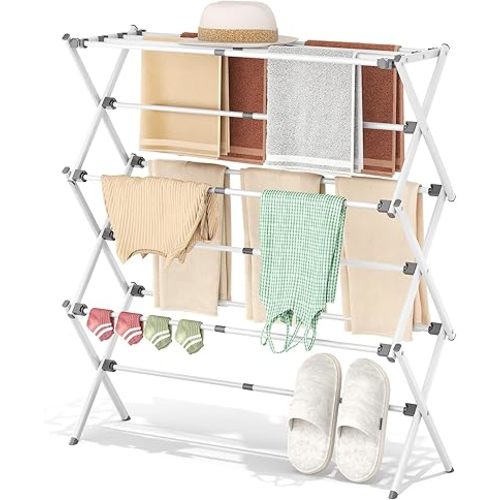 APEXCHASER Drying Rack Clothing - 3 Tier Metal Clothes Drying Rack Collapsible, Laundry Drying Rack Expandable, Small Clothe Airer for Baby Clothes Towel Bib Sock Indoor Outdoor Use(White)
