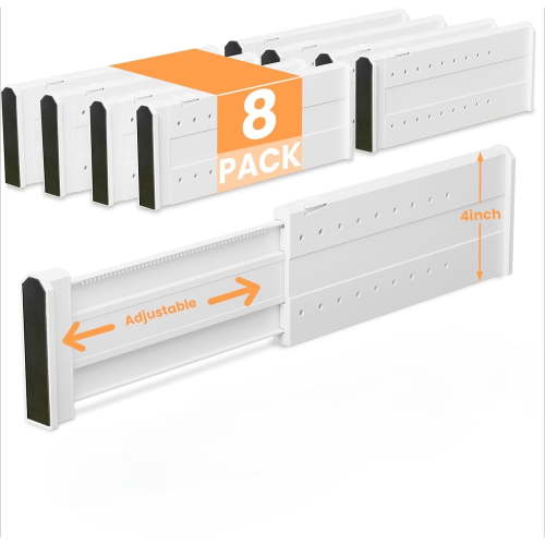 LLMRR 8 Pack Drawer Divider, 4" High, 11-17" Adjustable Drawer Dividers, Non-Slip Expandable Dresser Organizer for Baby Clothes, Bathroom, Bedroom, Kitchen and Office Storage, 8 Pack