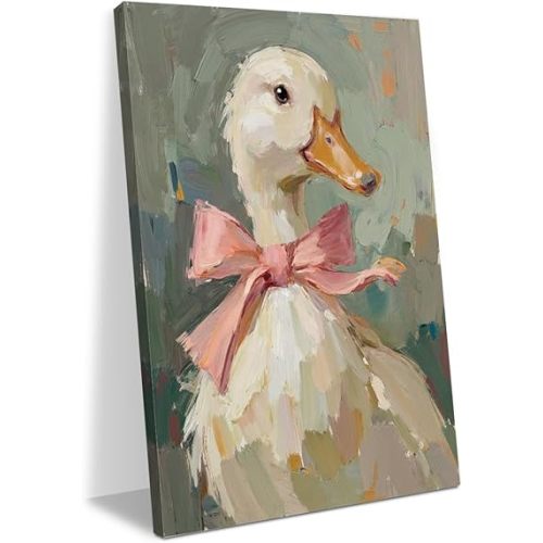 Cute Bow Duck Decor Duck Gifts Ducks Lovers Farmhouse Office Bedroom Living Room Girls Room Bathroom Wall Decor Canvas Wall Art Artwork for Walls Paintings Pictures Framed Art Prints 11.42X14.96 Inch