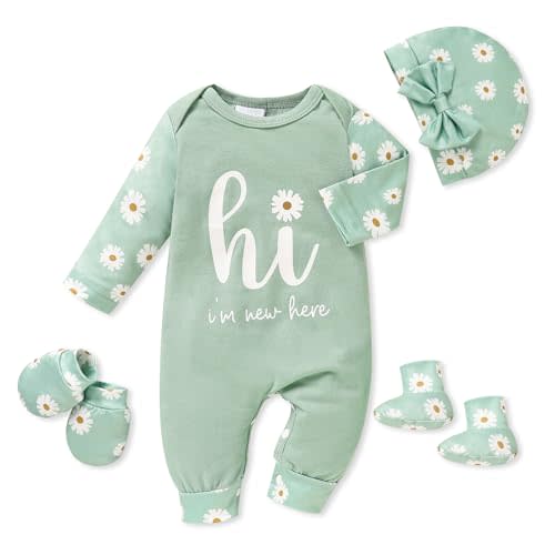Sinhoon Newborn Baby Girl Romper Infant Letter Print Bodysuit Jumpsuit+Hat+Gloves+Socks 4Pcs Coming Home Clothes Outfit