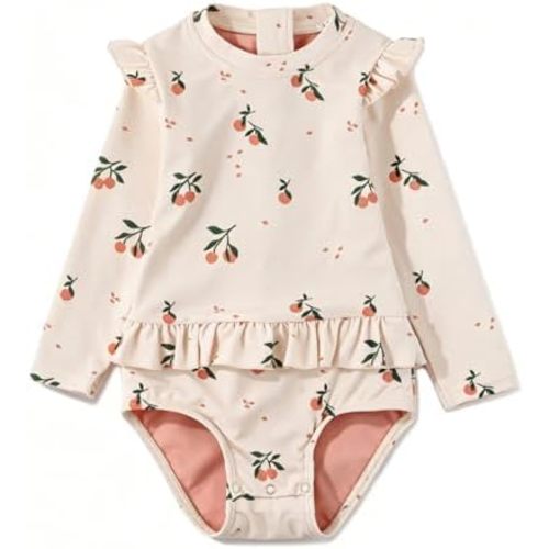 Toddler Girls One Piece Swimsuit Long Sleeve Bathing Suit Zipper Rash Guard Pink Cherry Swimwear with Snap