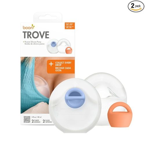 Boon Trove Silicone Manual Breast Pump - Discreet Milk Collector - 2 Count | Hands Free Breast Pump, Includes Canvas Travel Pouch, Breastfeeding Essentials, Passive Suction, Collects Up To 3 Ounces